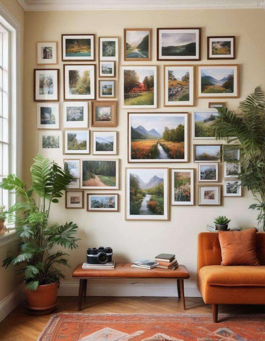 A beautifully arranged gallery wall featuring an eclectic mix of framed photographs, showcasing diverse landscapes, portraits, and wildlife. A soft, warm light illuminates the space, creating an inviting atmosphere. Include a stylish camera placed in the foreground beside a notepad filled with photography tips. The background should have hints of greenery peeking through a window, adding a touch of nature. super-realistic. vibrant colors.