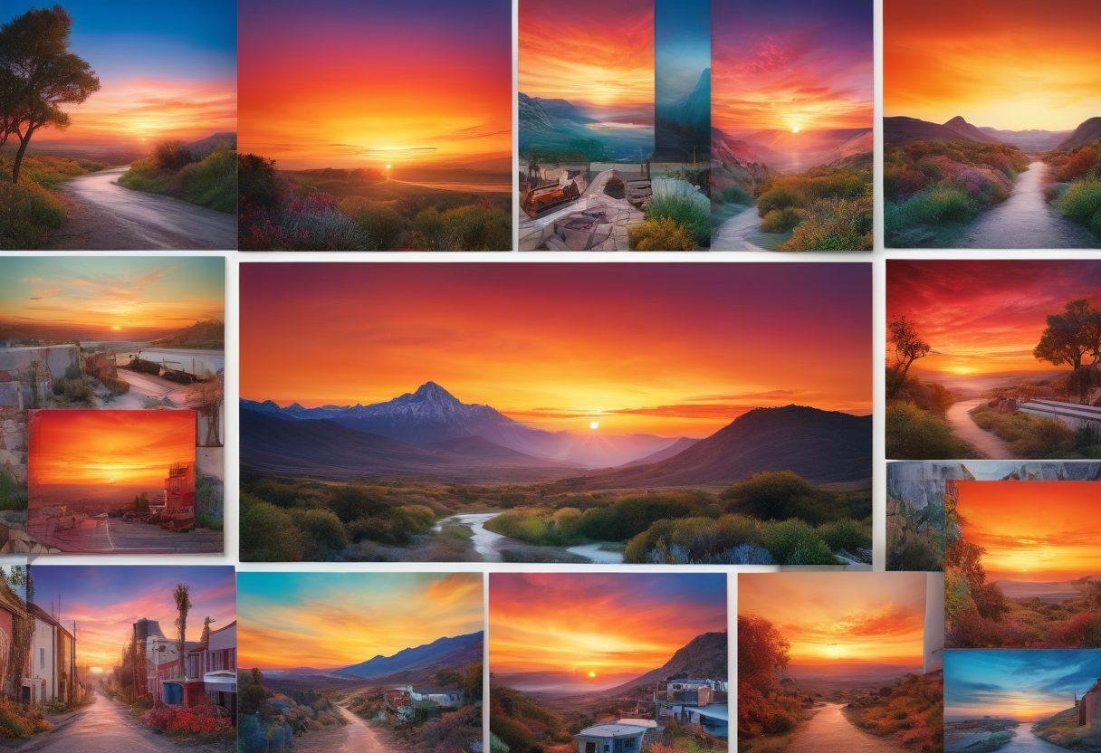 A captivating collage blending various photography styles: a vibrant sunset landscape, intimate portraiture, and striking architectural shots. Include a thoughtful artist curating a colorful gallery wall, filled with photographs that evoke emotions. Infuse elements of creativity, like paintbrushes and color palettes, subtly integrated into the scene. super-realistic. vibrant colors. 3D.