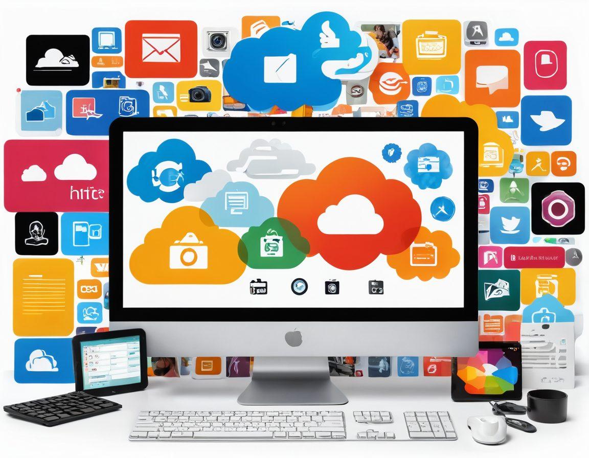 A visually striking collage showcasing various digital images being organized on a sleek computer screen. Include elements like cloud storage icons, sharing buttons, and a vibrant camera illustration. Use a bright and engaging color palette to convey creativity and accessibility. The background should have abstract shapes symbolizing digital communication. super-realistic. vibrant colors. white background.